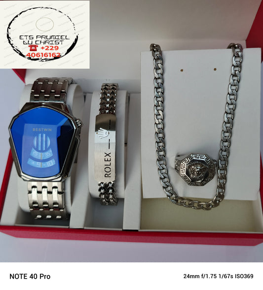 Ensemble montre, collier, bracelet et bague en acier inoxydable